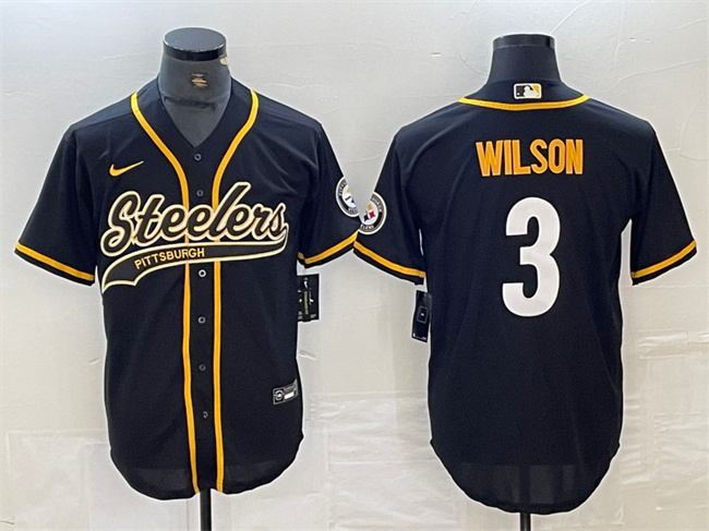 Men's Pittsburgh Steelers #3 Russell Wilson Black With Patch Cool Base Stitched Baseball Jersey